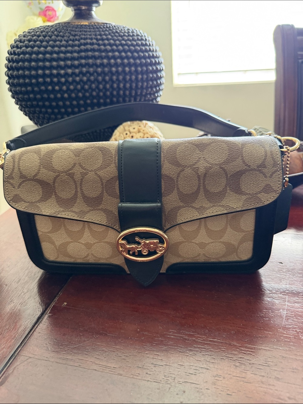 Coach Beige Signature Canvas Shoulder Bag with Black Trim
